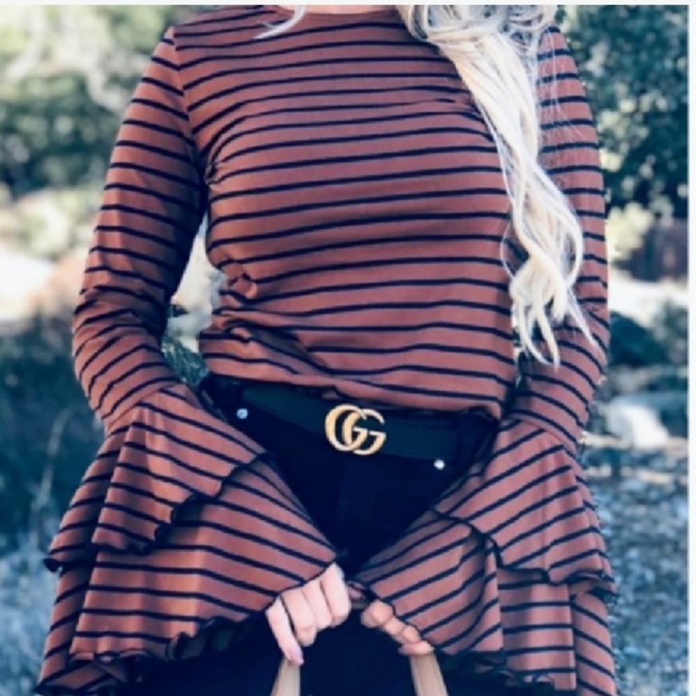 Private Label Brown and Black Striped Ruffle Sleeve Blouse